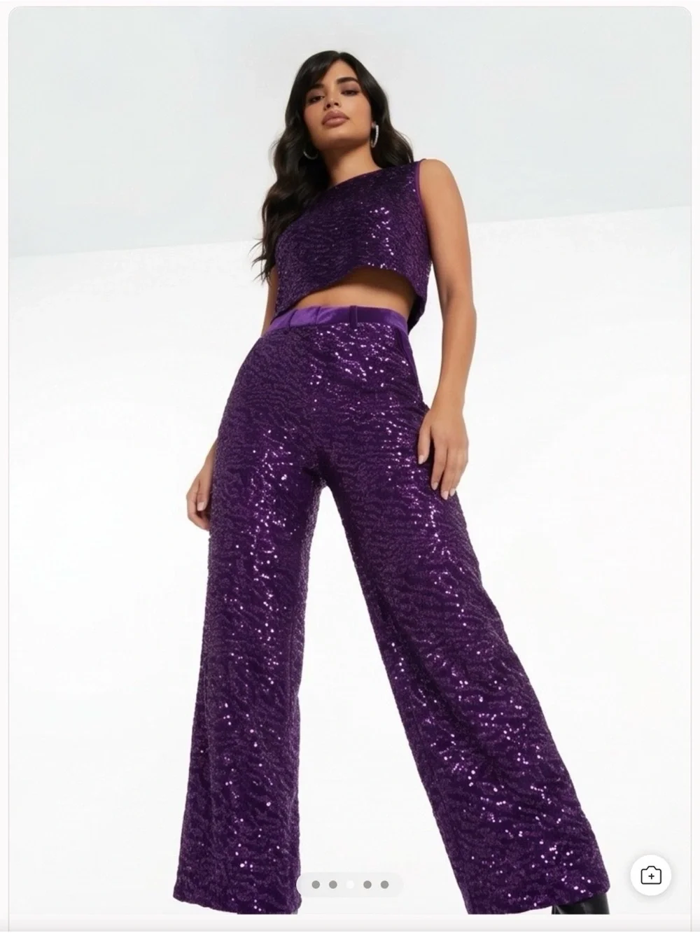 ASOS DESIGN Purple Sequin velvet wide leg high rise sleeveless pants top set LG